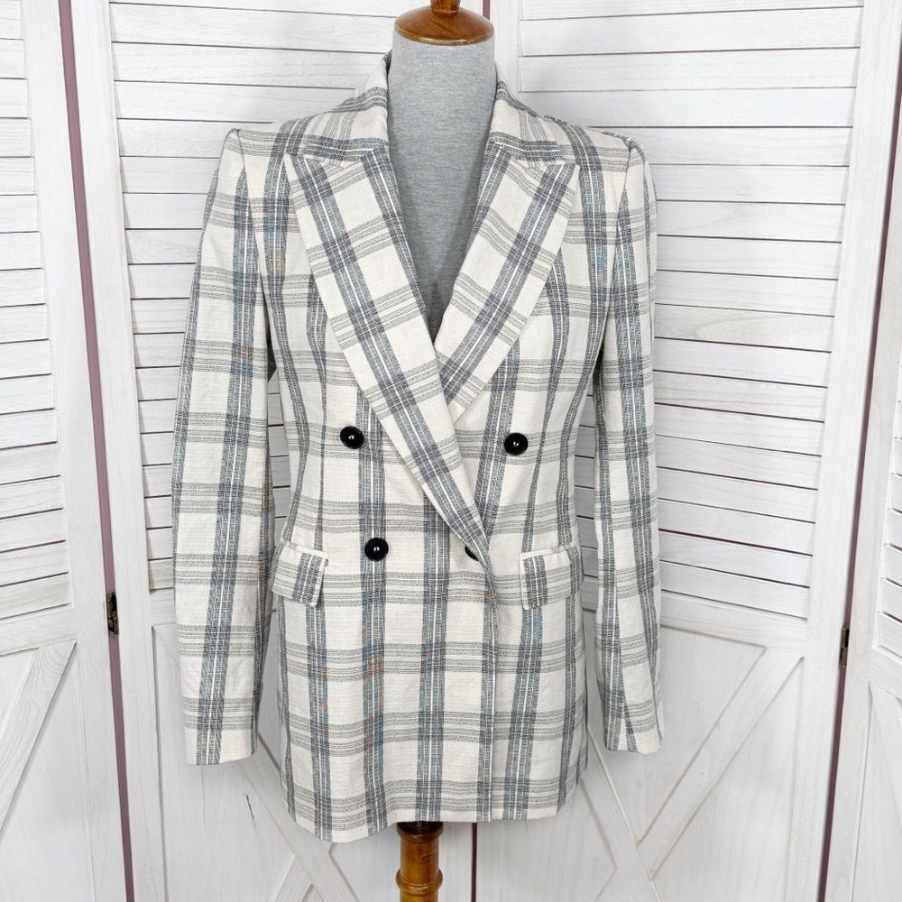 Zara Blazer Womens Small Cream Ecru Black Plaid Double Breasted Plaid Jacket‎